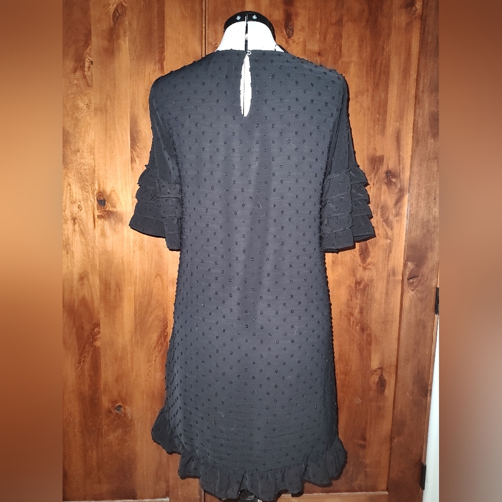 Black Size 4 CeCe clip dot dress with sheer sleeves and ruffles